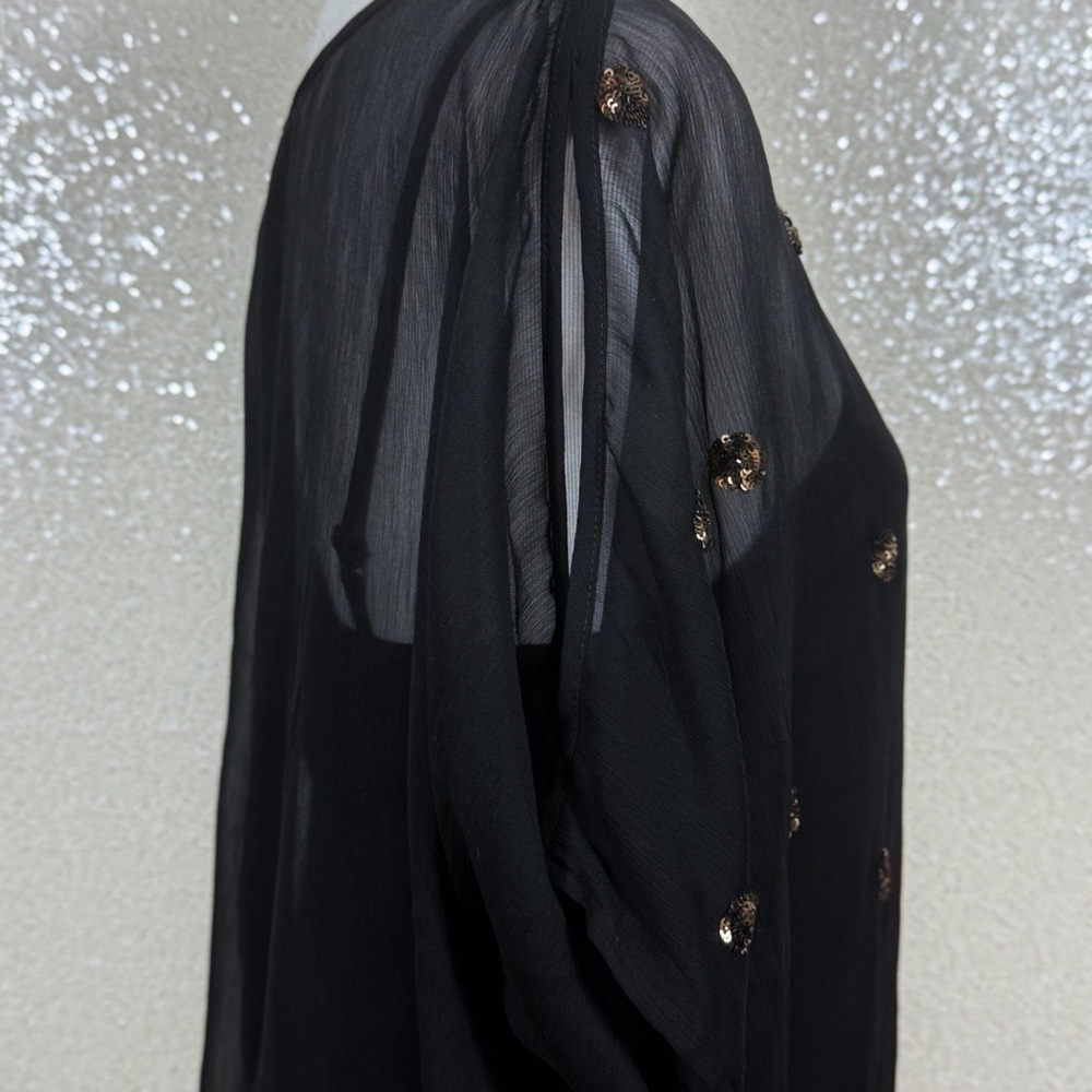 Nine West Black Sheer Chiffon Blouse Gold Sequin Overlay | Dolman Sleeve - Picture 8 of 11